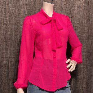 NWOT Fuschia Pink Semi Sheer Neck Tie Button Down Blouse S